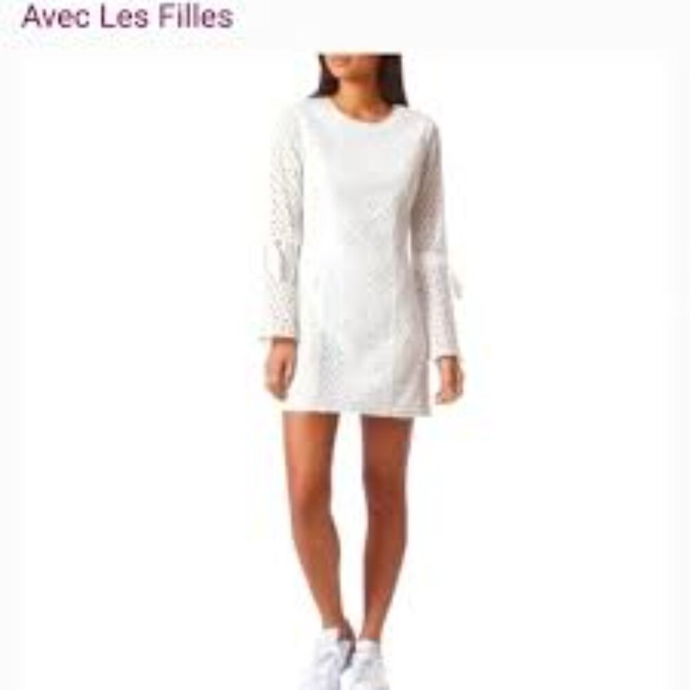 Avec Les Filles White Eyelet‎ Tie Bell Sleeves Cotton Cutout Mini Dress M